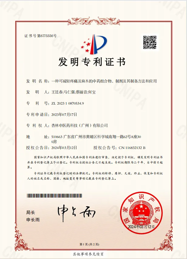 一种可减轻疼痛及麻木的中药组合物、制剂及其制备要领和应用